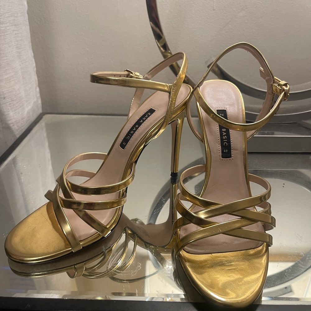 Zara Gold Metallic Strappy High-Heel Sandals